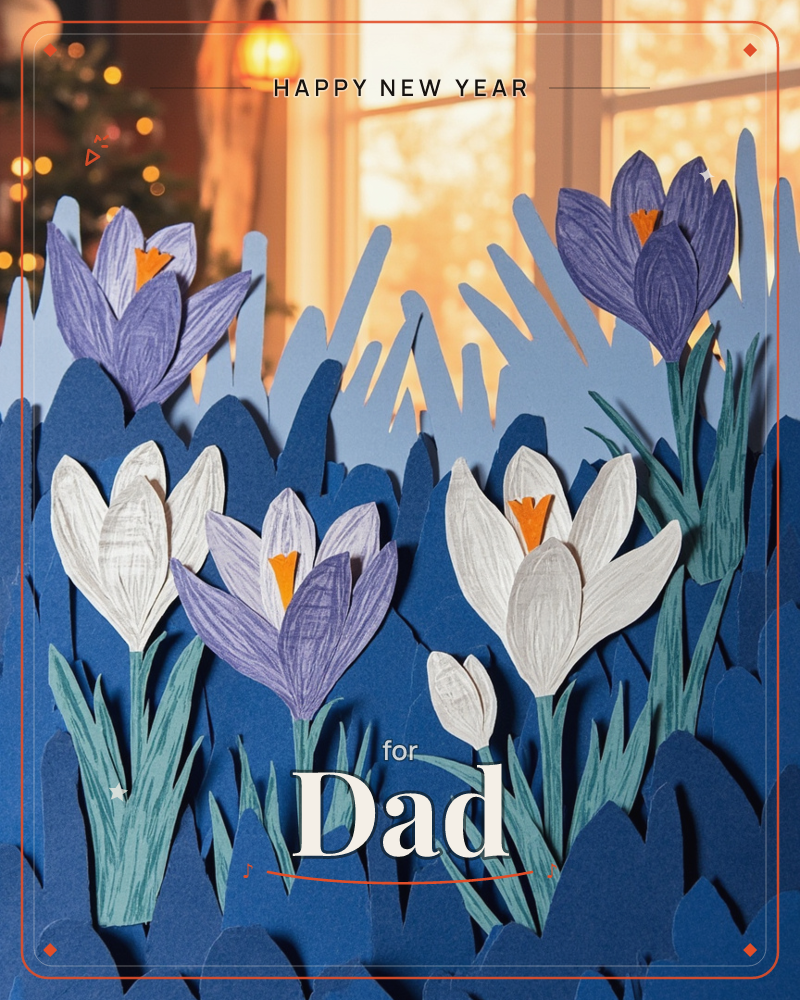A paper-craft diorama shows purple and white crocuses rising from cut-paper snow drifts against a pale blue sky, a new year e-card design