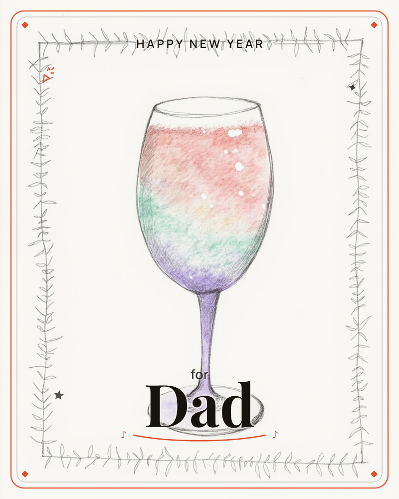 A single wine glass fills the centre of the page, its bowl washed in soft bands of pink, mint and lavender with a few pale bubbles rising through, a new year e-card design