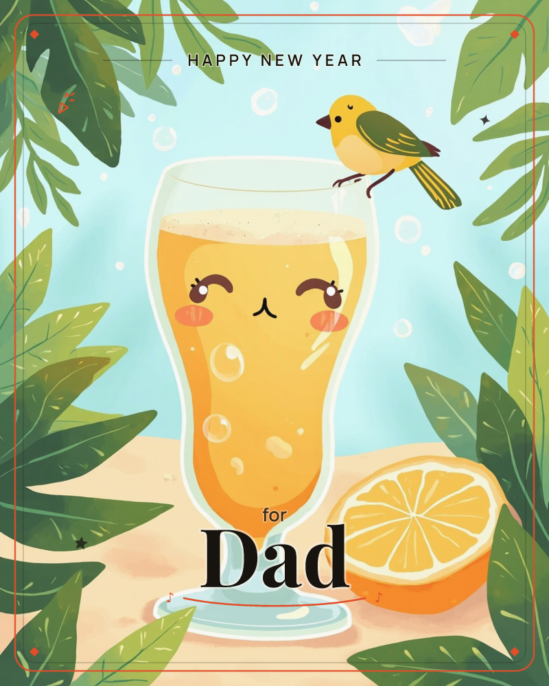 A tall glass of fizzy orange-hued drink with a sweet cartoon face sits on a sandy surface, framed by tropical green leaves, a new year e-card design