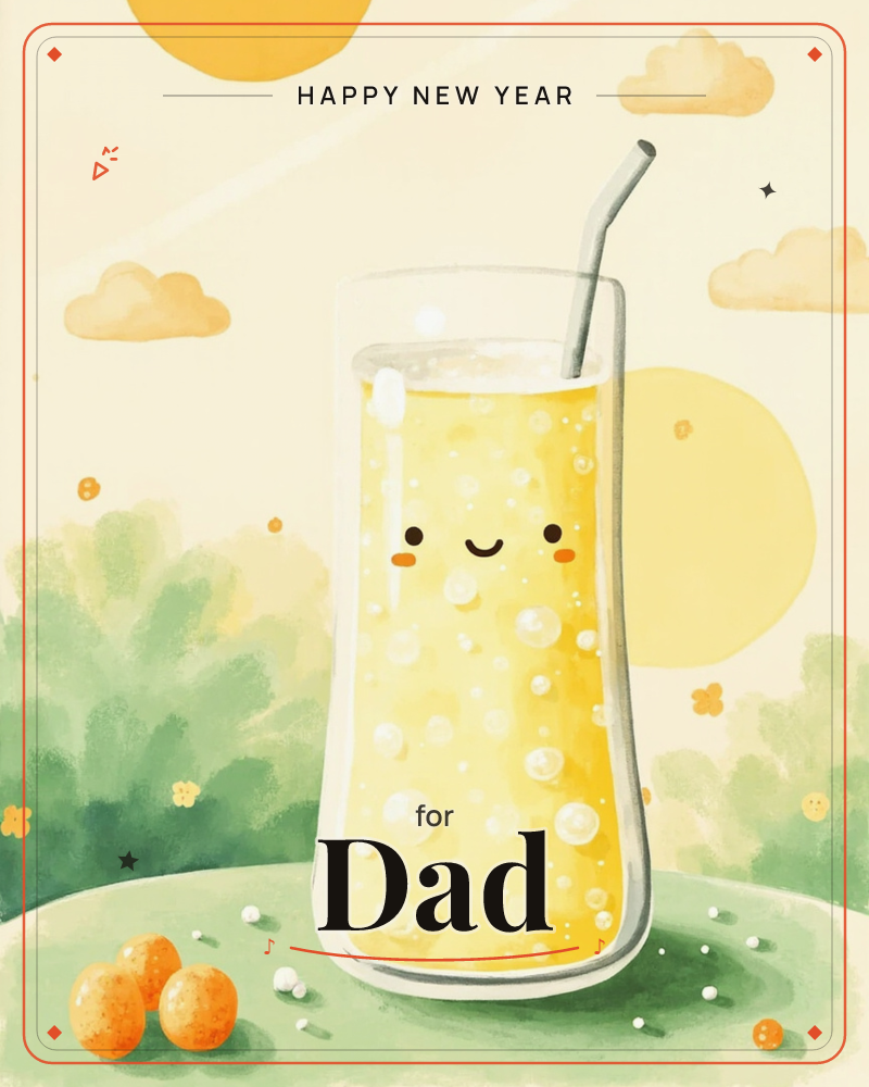 A tall glass of fizzy lemonade with a happy, blushing face sits on a rounded green hill, a bent straw poking out from its bubbly golden depths, a new year e-card design