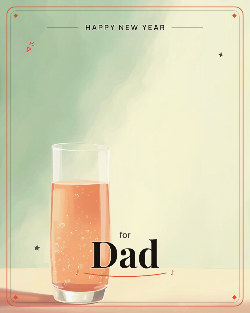 A tall glass of orange-pink sparkling drink sits alone on a warm tabletop, tiny bubbles rising through the liquid, a new year e-card design