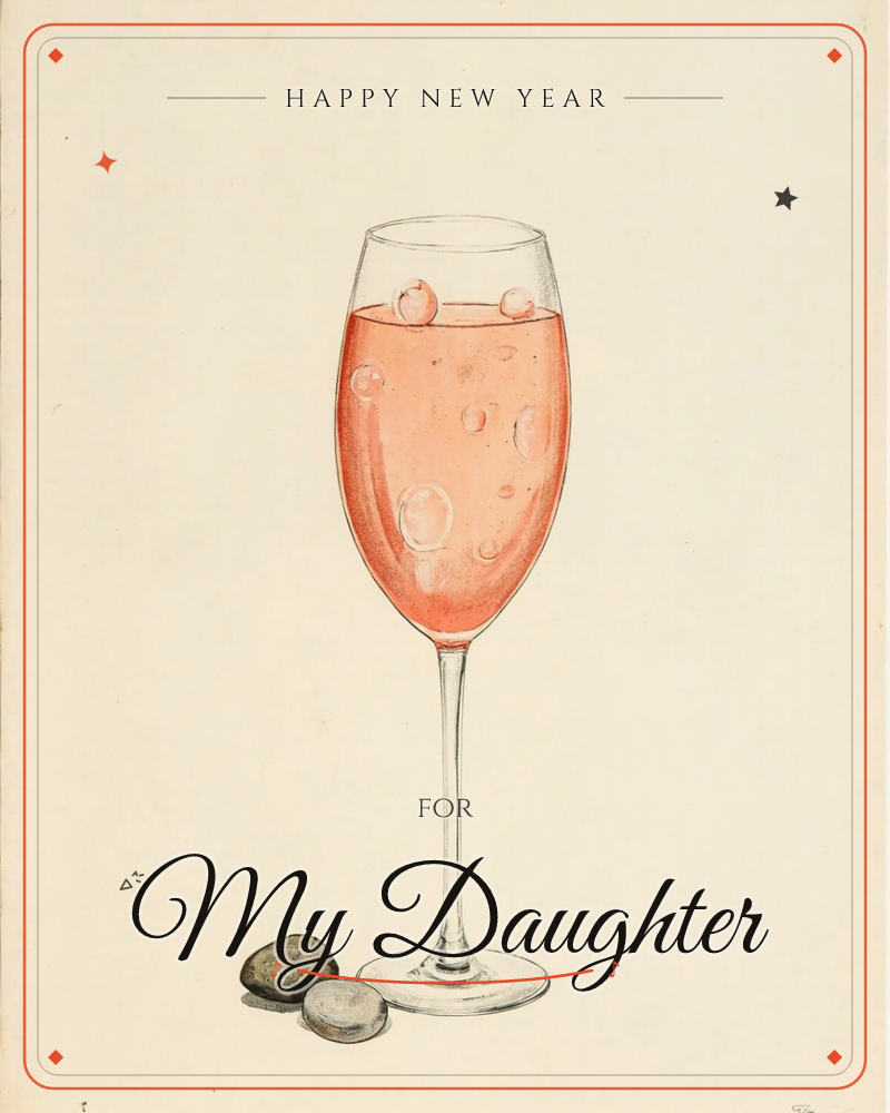 A tall champagne flute stands alone on a cream background, filled with sparkling rosé and rising bubbles caught mid-float, a new year e-card design
