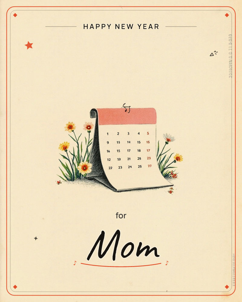 A curled paper calendar page stands upright on a cream background, its coral header curling like a scroll above rows of printed numbers, a new year e-card design