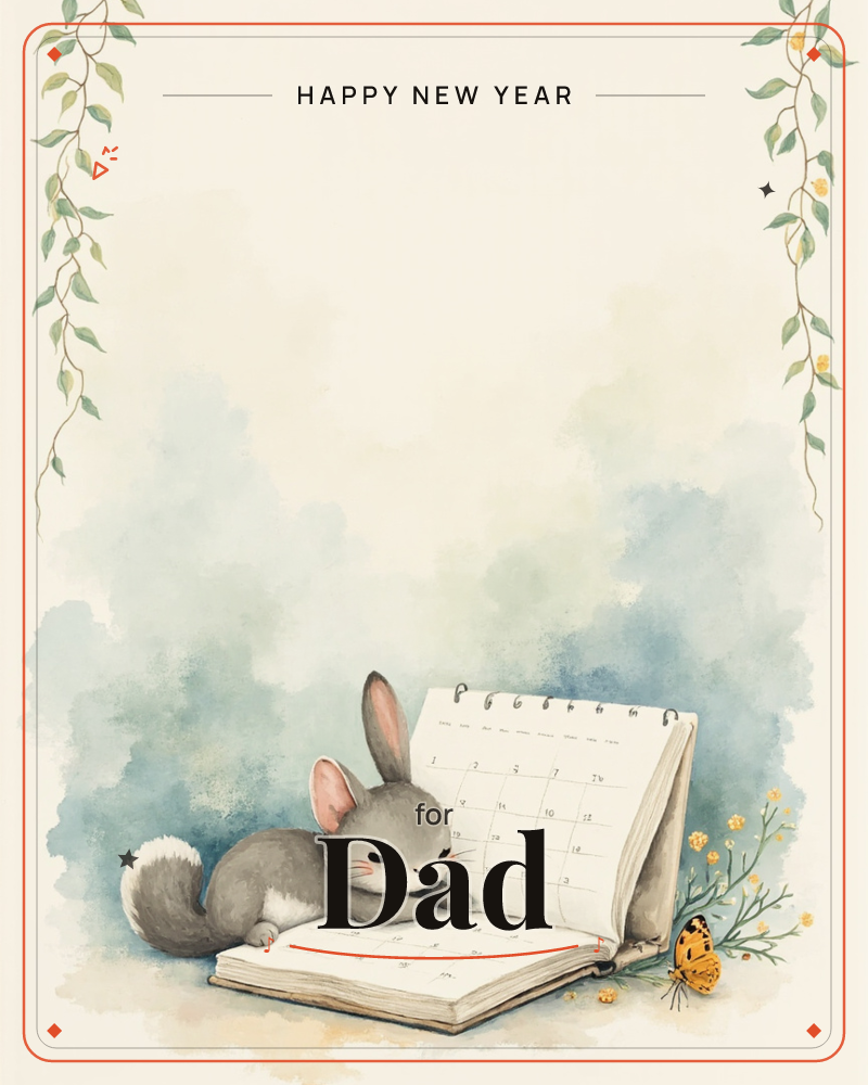 A small grey rabbit with a white belly rests its chin sleepily on the pages of an open desk calendar, eyes half closed, a new year e-card design