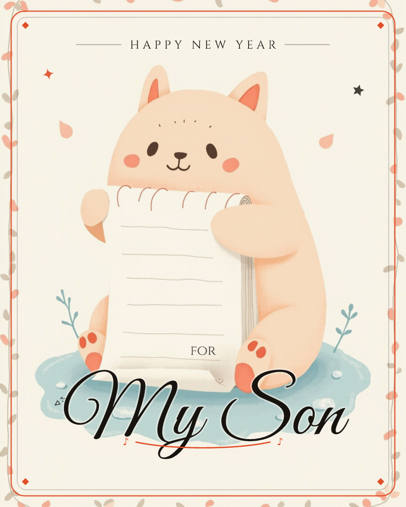 A round peach-coloured animal with rosy cheeks and pointed ears sits on a pale blue puddle-shaped mound, holding open a blank spiral notebook with its…, a new year e-card design