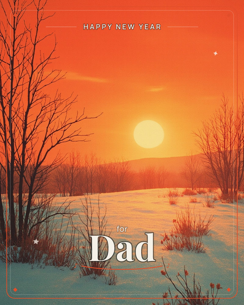 A blazing orange sun hangs low over a snow-covered hillside, its glow washing bare trees and scattered dried brush in fiery light, a new year e-card design