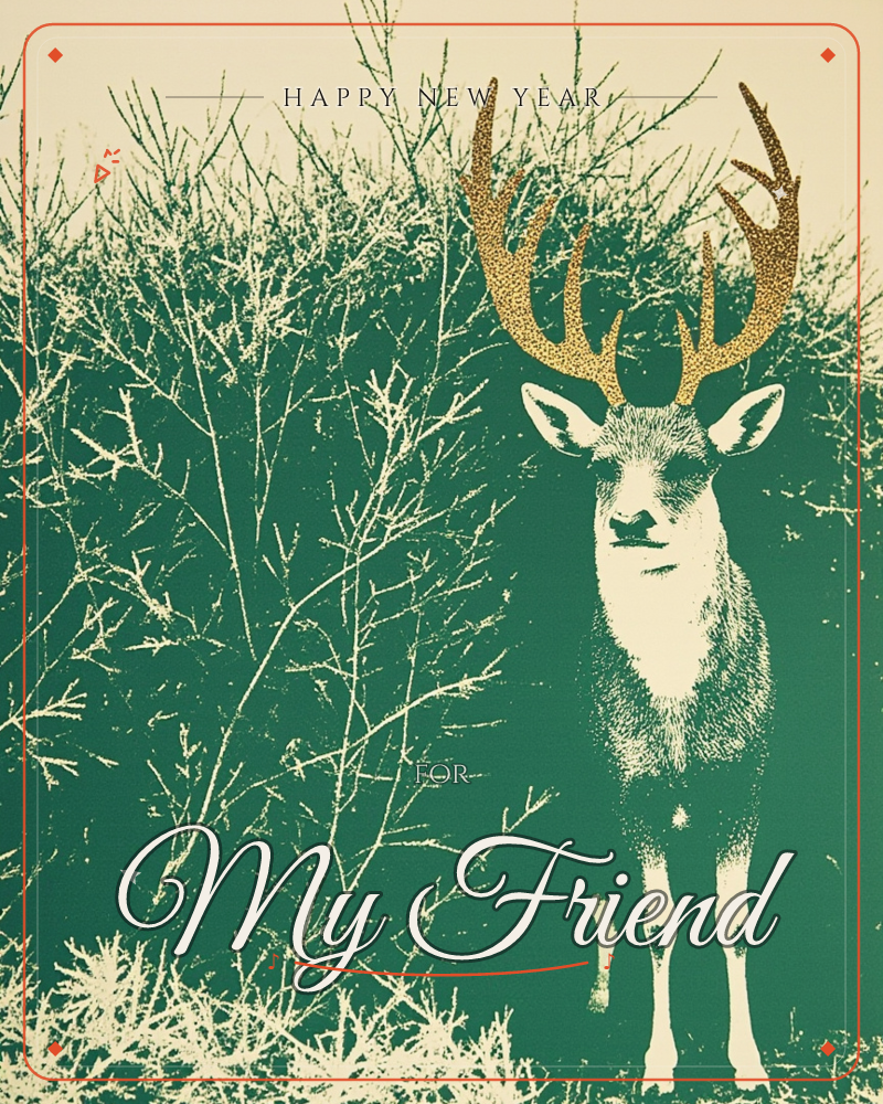 A stag stands facing forward against a solid forest-green background, its body rendered in cream tones with gold speckled antlers branching upward, a new year e-card design