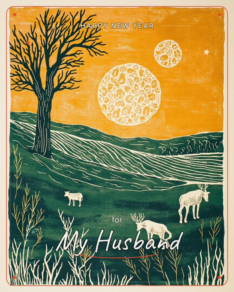 A bold linocut print shows a bare black tree standing over rolling green hills, with a large mottled sun or moon and a smaller one glowing against a…, a new year e-card design