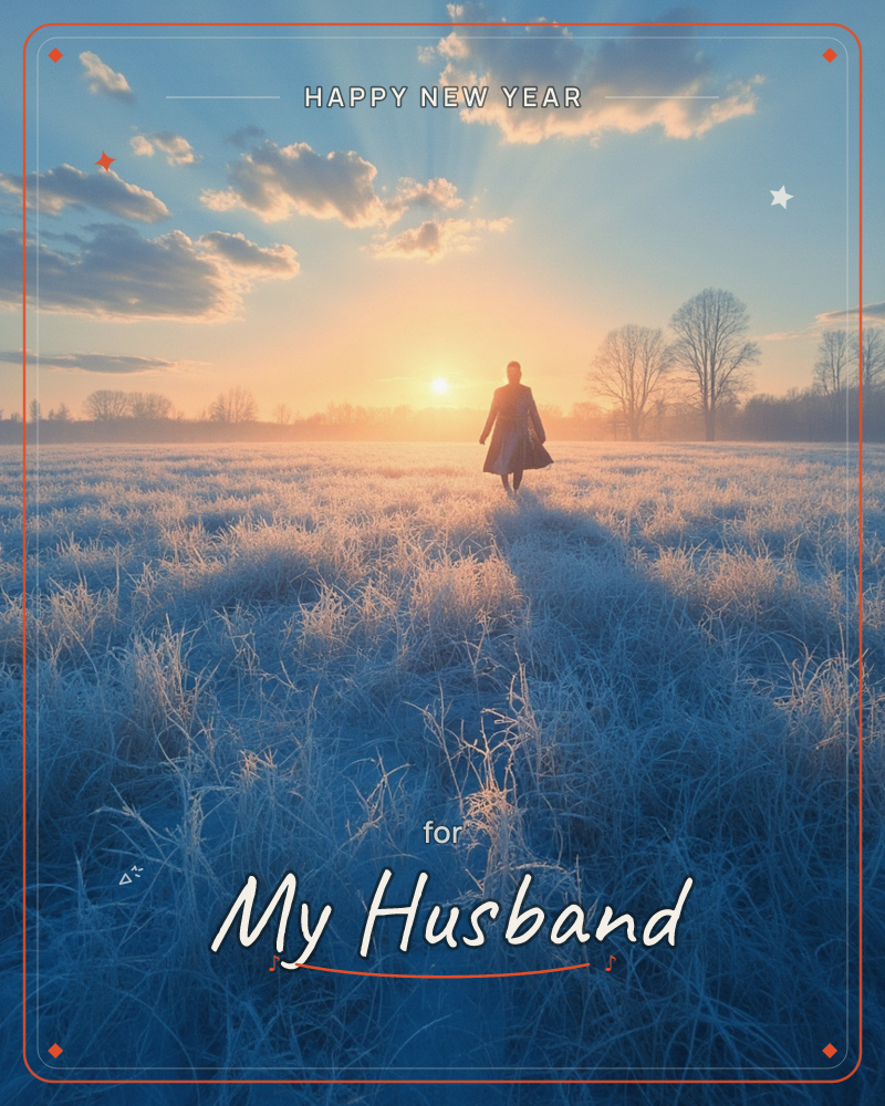 A frost-covered field stretches out under a low winter sun, its rays fanning through scattered clouds, a new year e-card design