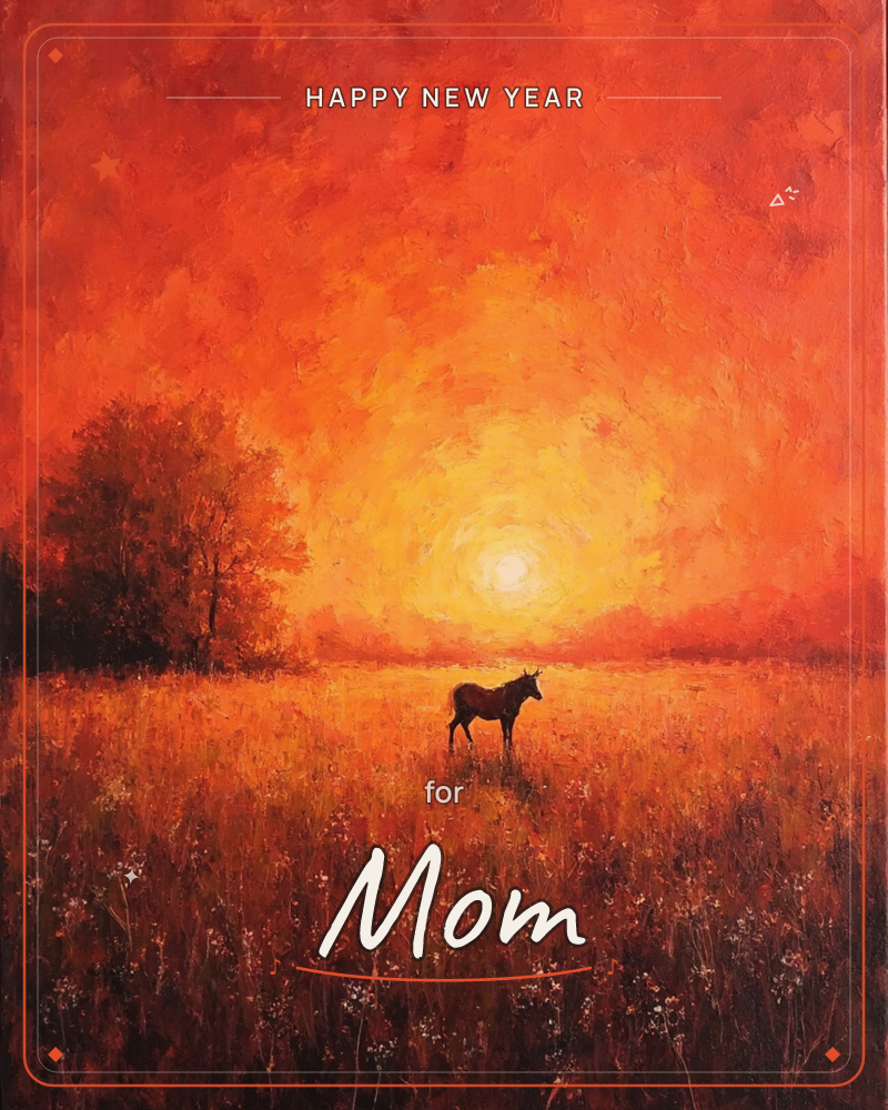 A lone horse stands silhouetted in a wildflower meadow beneath a blazing orange sky, the sun sitting low and molten at the horizon, a new year e-card design