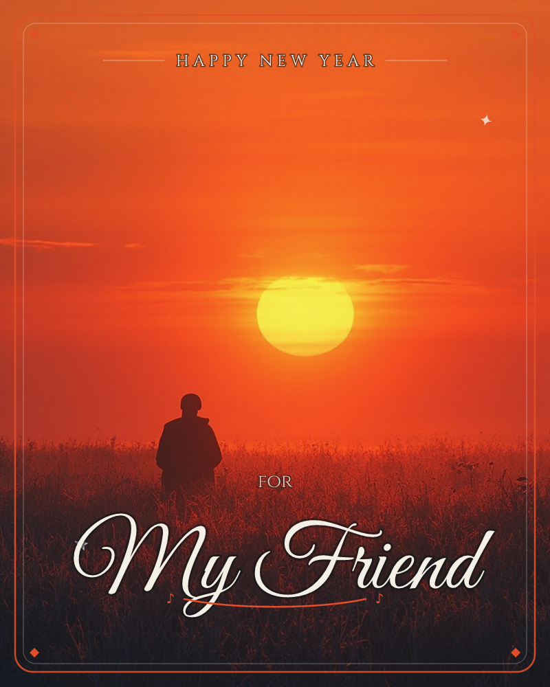 A lone figure stands silhouetted in a field of tall grass, facing a huge glowing sun as it sinks toward the horizon, a new year e-card design