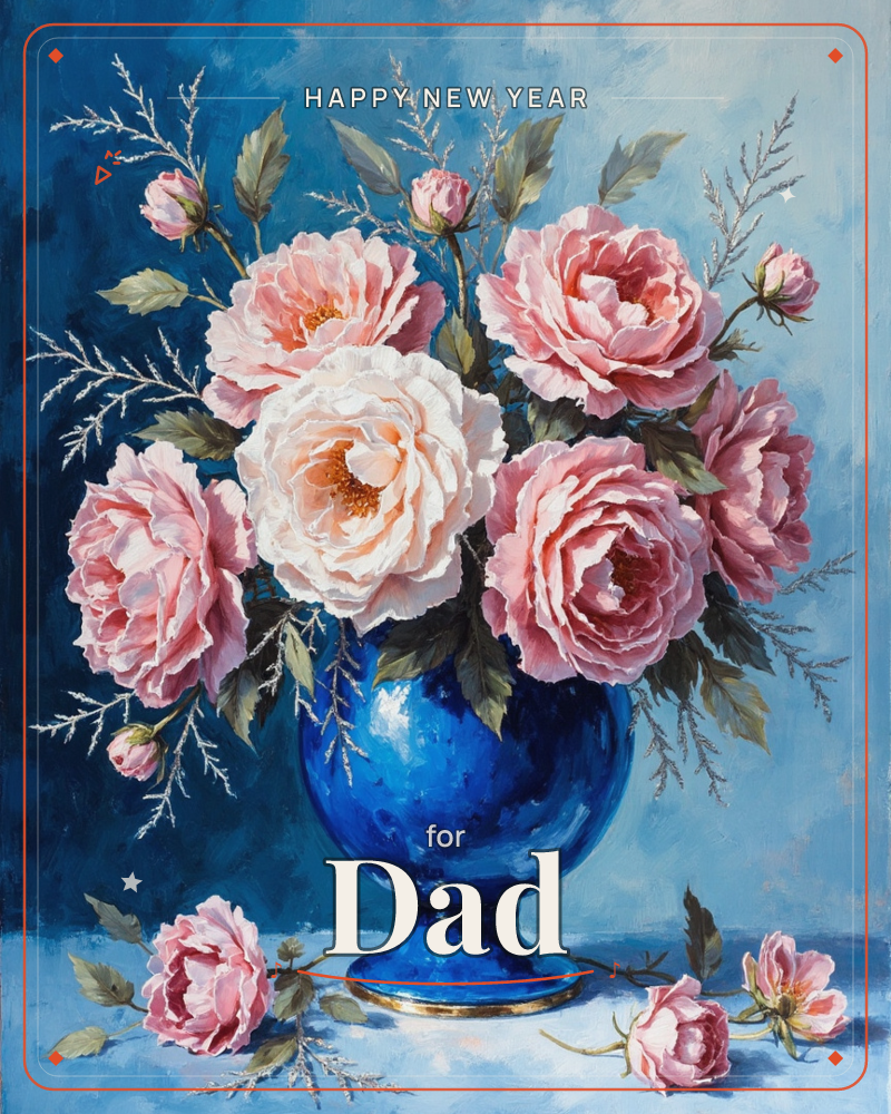 A round-bellied blue glass vase holds a lush bouquet of pink and white peonies with soft fern-like sprigs, painted in loose oil strokes against a deep…, a new year e-card design