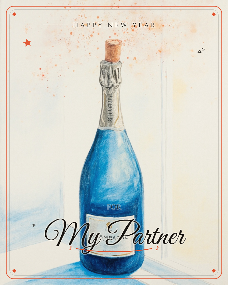 A tall champagne bottle stands alone in the corner of a plain room, its blue glass catching cool light against soft cream walls, a new year e-card design
