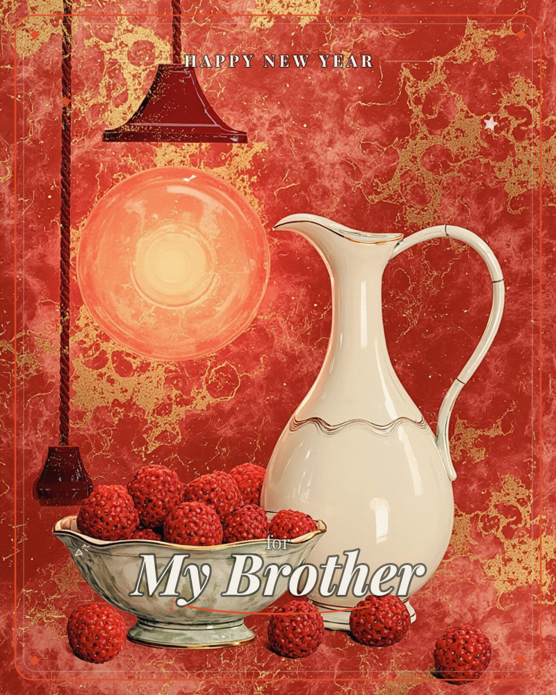 A creamy porcelain pitcher stands beside a scalloped bowl heaped with plump raspberries, a few berries scattered loose on the surface below, a new year e-card design