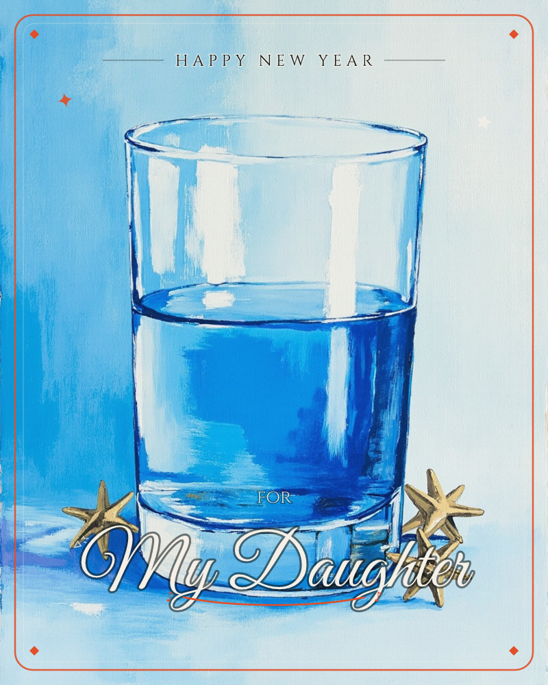 A painted glass tumbler sits half full of deep blue water against a soft blue backdrop, small gold star shapes scattered around its base like fallen…, a new year e-card design