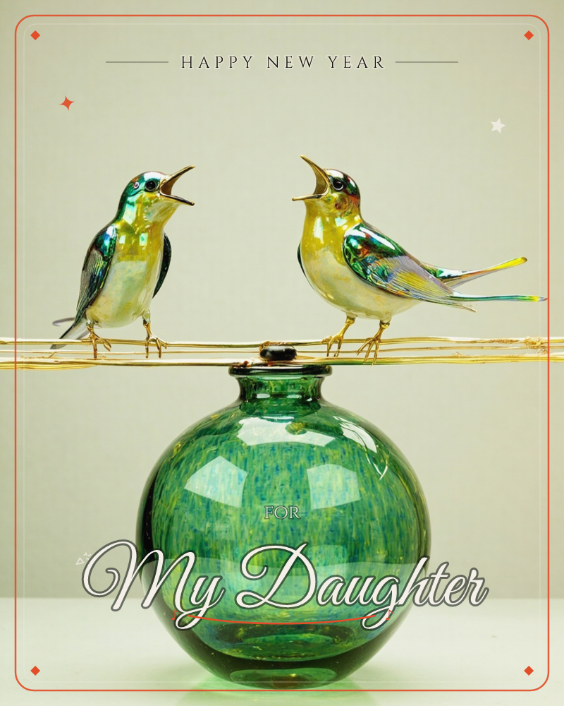 Two glass birds with iridescent green and gold feathers perch beak-to-beak on a slender glass rod balanced atop a round, sea-green glass vase, a new year e-card design