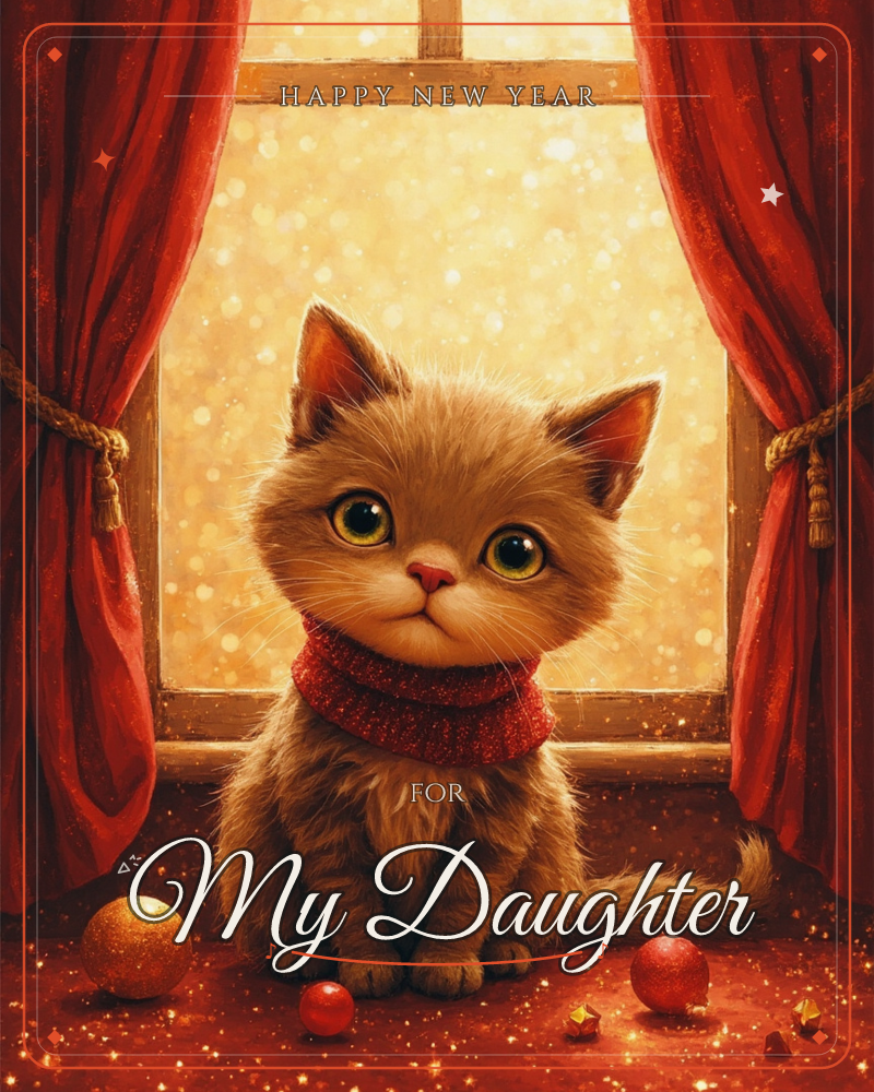 A wide-eyed kitten in a knitted red scarf sits on a windowsill framed by heavy red curtains, with golden, snow-flecked light glowing through the glass…, a new year e-card design