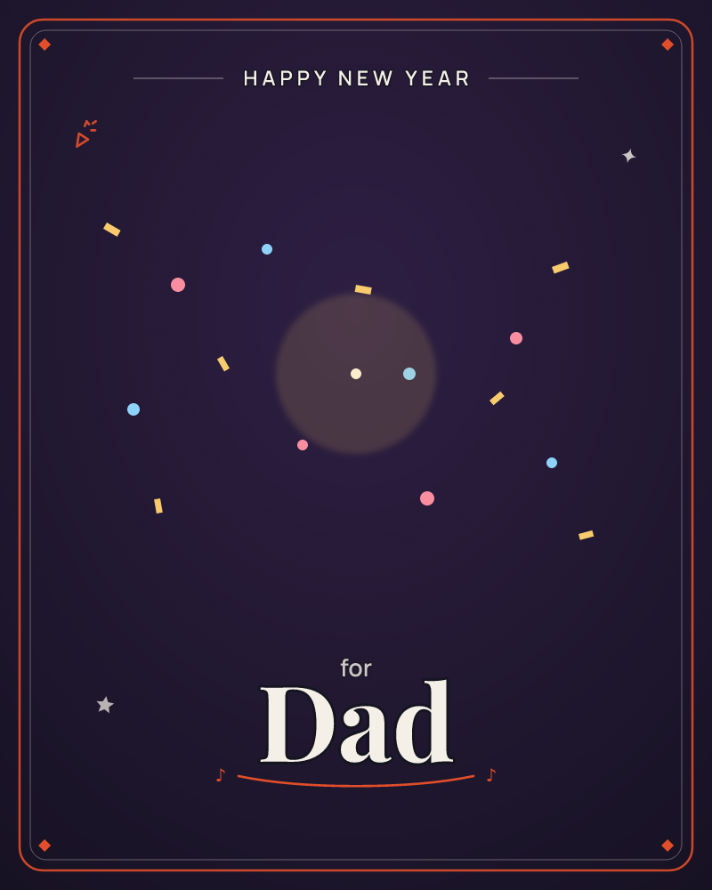 A deep violet-black backdrop glows softly around a central hazy sphere, like a distant planet or moon caught in twilight, a new year e-card design by @DittyCityTeam