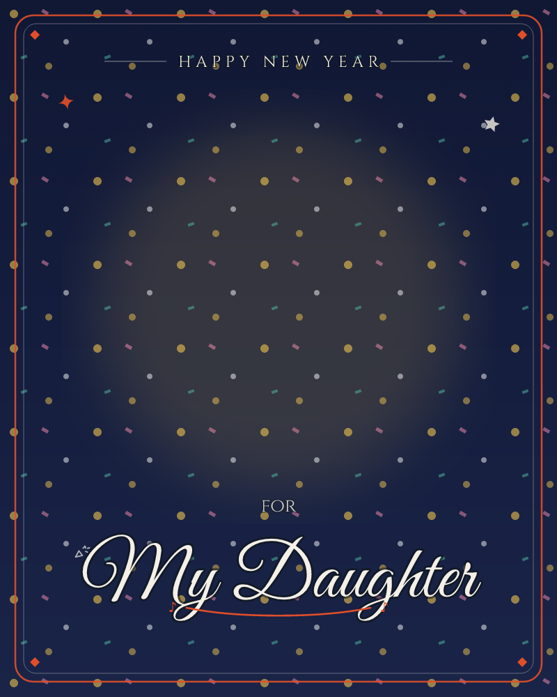 A deep navy background glows softly at its center like a spotlight, scattered with a neat grid of tiny confetti dots in gold, white, teal, and pink, a new year e-card design by @DittyCityTeam
