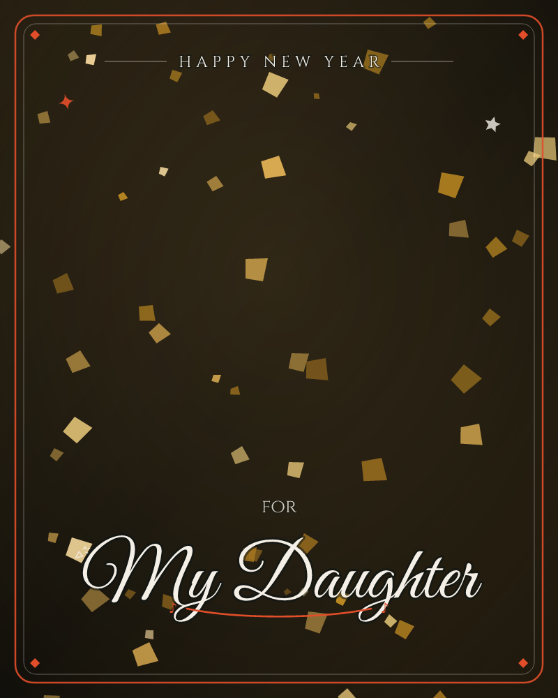 A deep charcoal-black background glows faintly with warm amber light at its centre, scattered with small gold and bronze squares of varying sizes…, a new year e-card design by @DittyCityTeam