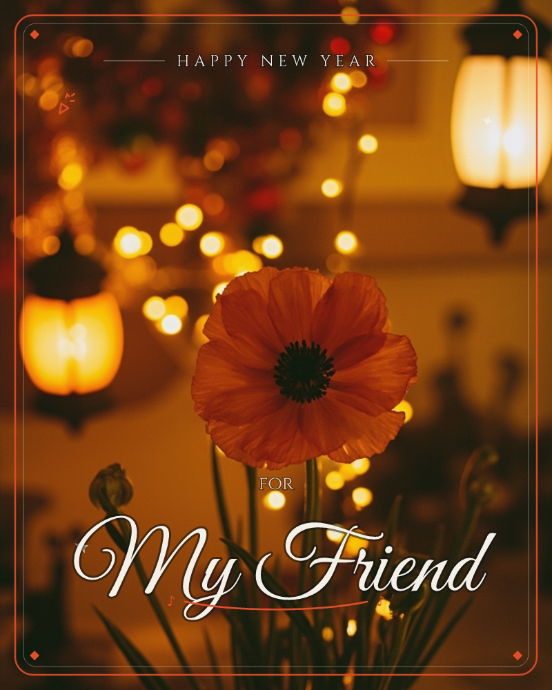 A single poppy glows in amber light, its papery petals and dark seed centre lit from behind by strings of tiny bokeh lights and two glass lanterns, a new year e-card design