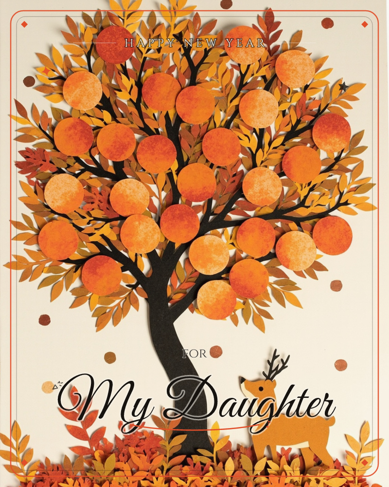 A layered paper-cut tree stands heavy with round orange fruit and golden autumn leaves, its dark trunk rising from a drift of fallen foliage, a new year e-card design