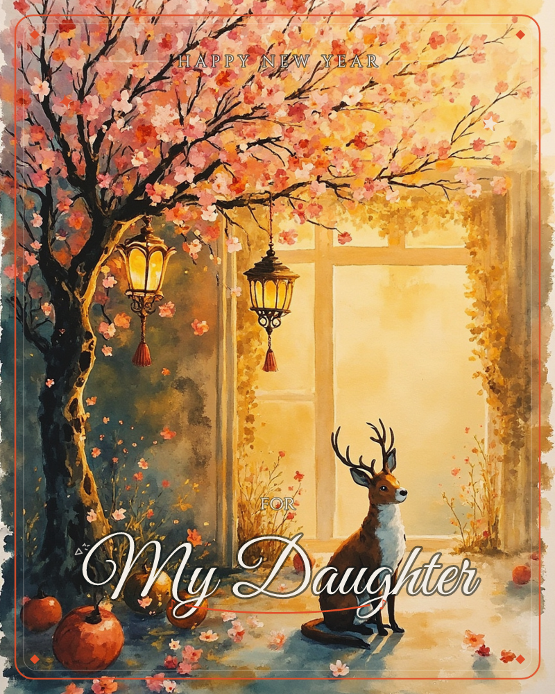 A blossoming tree with pink and coral flowers arches over a sitting deer with tall antlers, its branches hung with glowing lanterns, a new year e-card design