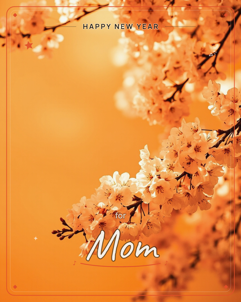 A cherry blossom branch arcs across the frame, its clustered blooms glowing against a warm amber-orange background lit like late afternoon sun, a new year e-card design