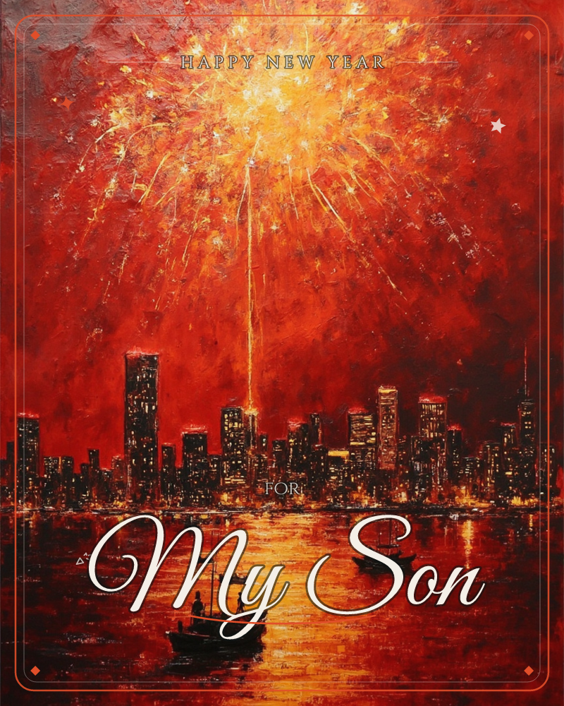 A blazing firework bursts over a city skyline, painted in thick strokes of red, orange and gold that flood the whole sky and water below, a new year e-card design