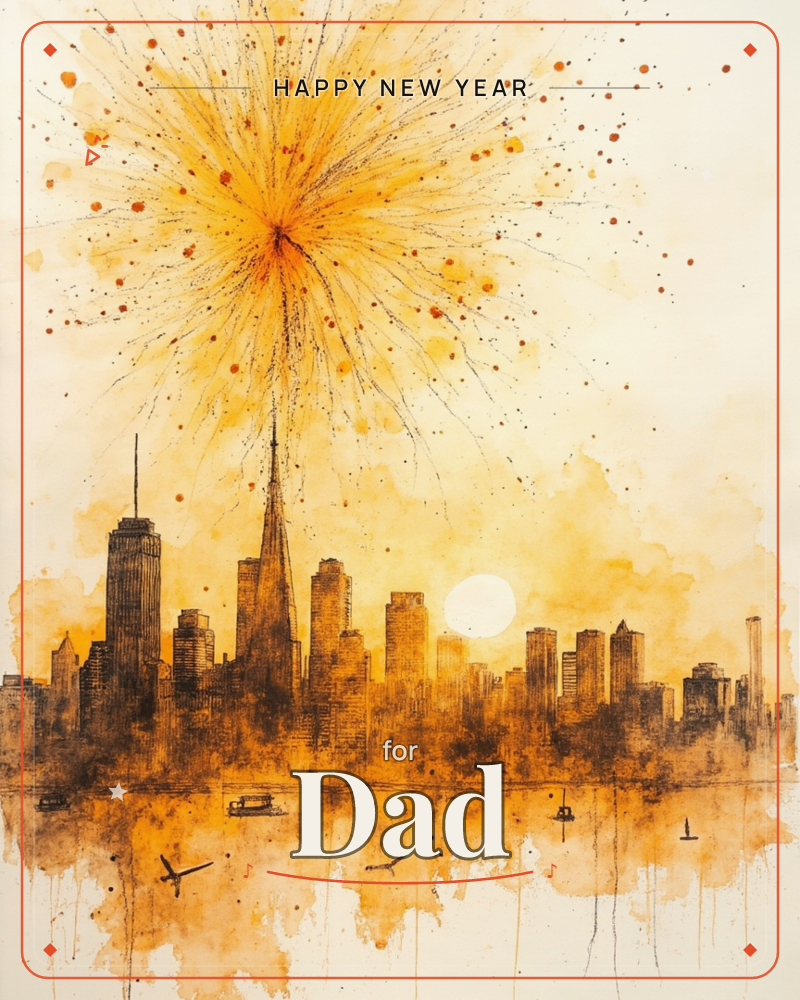 A city skyline glows in warm amber wash beneath a single burst of firework light, its rays scattering into fine ink lines and speckled dots across the sky, a new year e-card design