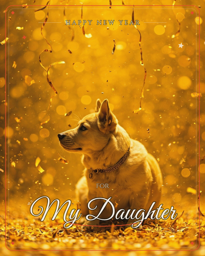 A tan dog sits amid a shower of golden confetti and curling ribbon, its collar catching the light as it gazes upward with quiet attention, a new year e-card design