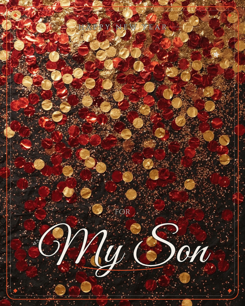 A shower of red and gold foil confetti scatters across a crinkled black background, denser and brighter at the top and thinning out as it falls, a new year e-card design