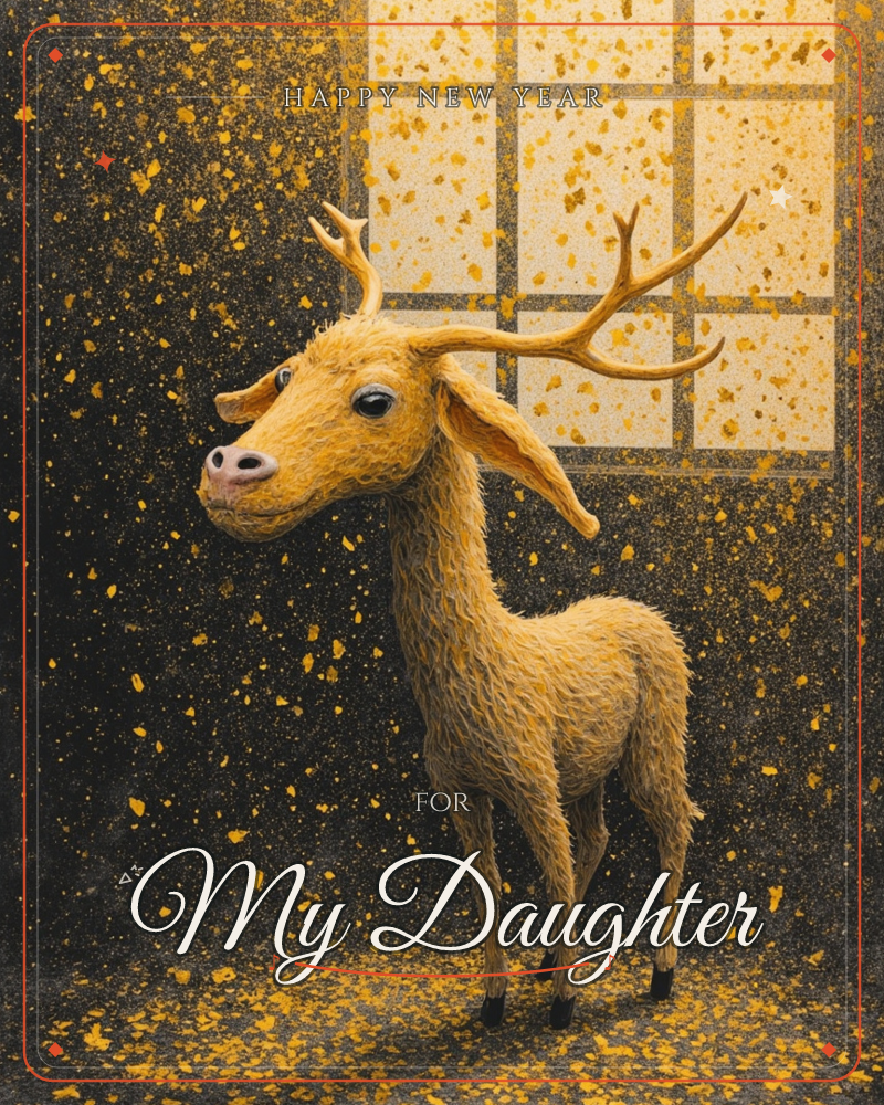A golden-antlered deer stands indoors beside a paned window, its shaggy coat rendered in fine textured strokes against a speckled black-and-gold backdrop, a new year e-card design