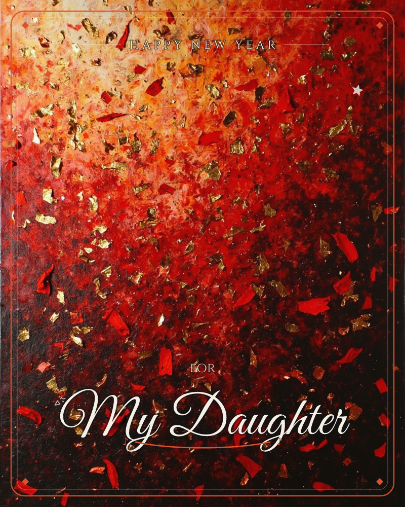 An abstract swirl of deep red and black is scattered with flecks of gold leaf and torn red paper, glowing brighter toward the top corner like embers…, a new year e-card design