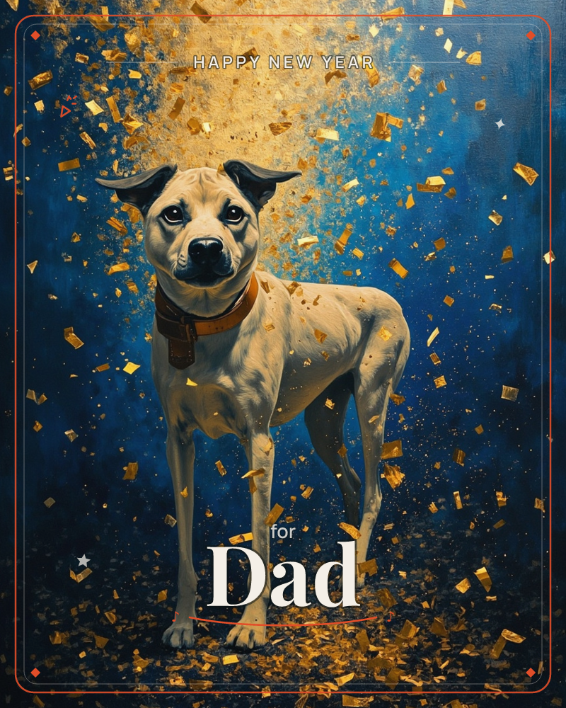 A pale, sharp-eared dog stands alert against a deep navy background, wearing a simple brown collar, a new year e-card design