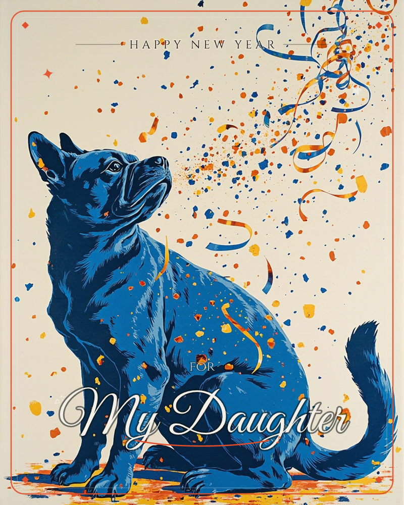 A bold blue dog sits on a cream background, head tilted up as confetti and curling ribbons rain down around it, a new year e-card design