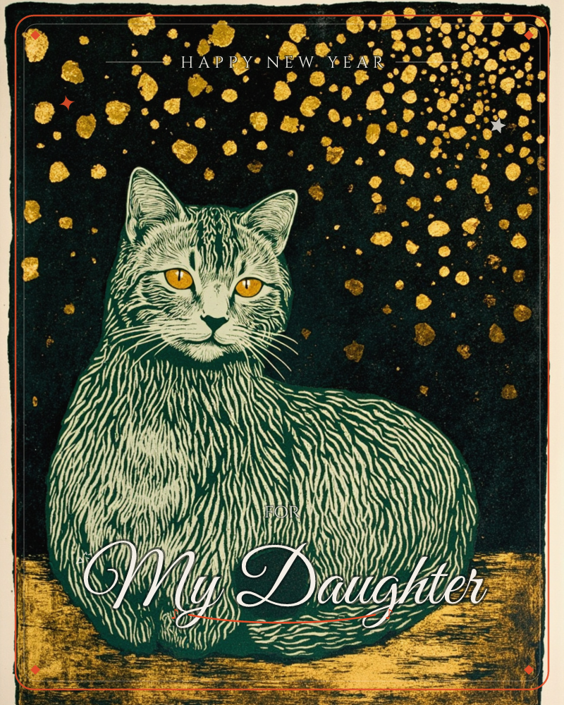 A tabby cat sits curled on a golden ledge against a deep black sky, its striped fur rendered in bold linocut lines of teal and cream, a new year e-card design