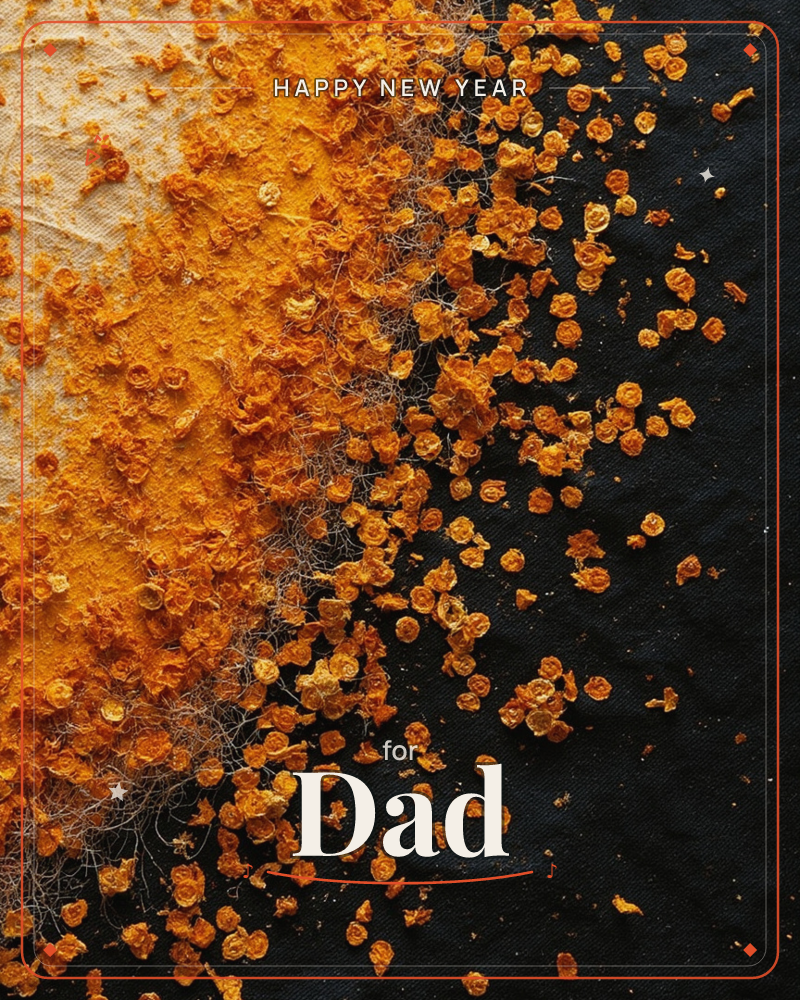 A dense drift of tiny orange dried flower buds spills across the frame, thick and matted on the left and scattering into loose speckles against black…, a new year e-card design