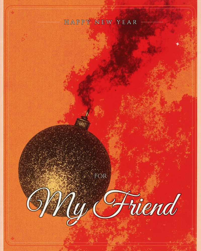 A speckled gold Christmas bauble floats against a bold split background of burnt orange and fiery red, with a plume of dark smoke curling up from its…, a new year e-card design