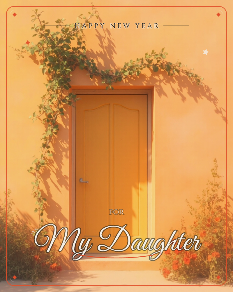 A mustard-yellow door sits centred in a sun-warmed ochre wall, its arched panel catching bright midday light, a new year e-card design