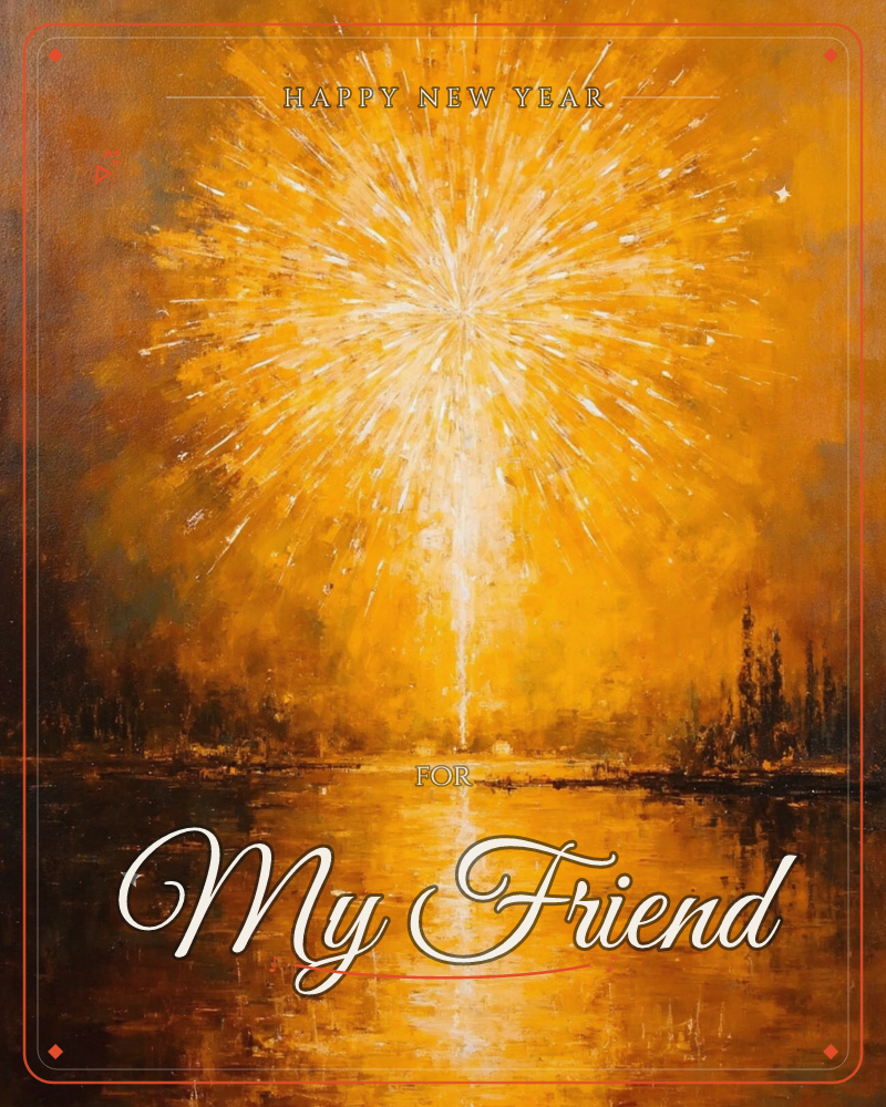 A single golden firework bursts over dark water, its light radiating in thick painterly streaks against a smoky amber sky, a new year e-card design