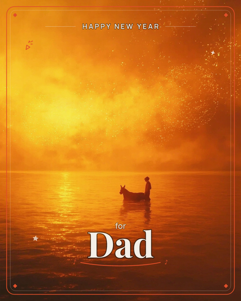 A vast sky burns in molten orange and gold, streaked with fireworks or drifting sparks, while a calm sea mirrors the blaze below, a new year e-card design