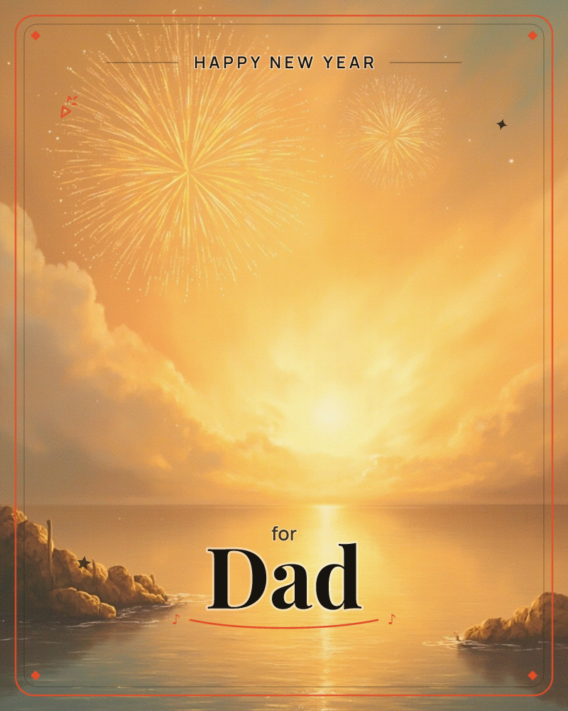 A golden sun blazes low over a calm sea, its light spilling across the water in a bright path, while two fireworks burst silently in the glowing sky…, a new year e-card design