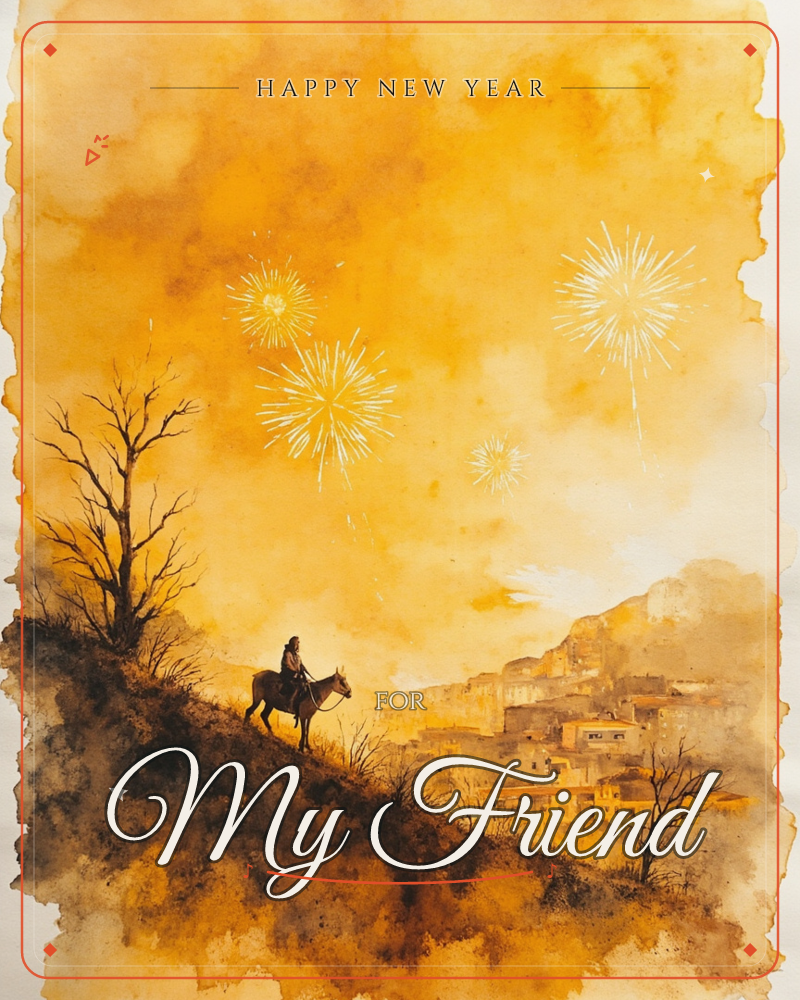 A rider on horseback climbs a bare hillside overlooking a hillside town, painted entirely in glowing amber washes with a deckle-edged border, a new year e-card design