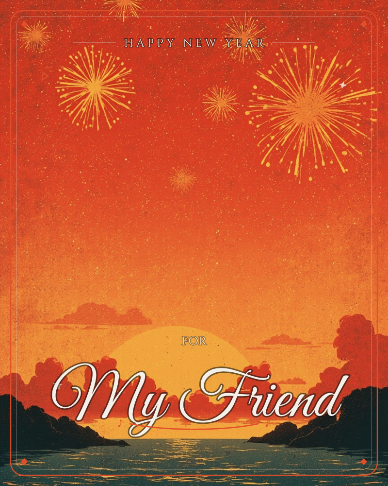 A blazing red-orange sky glows over a calm bay as gold fireworks burst above a low sun sinking between dark silhouetted cliffs, a new year e-card design