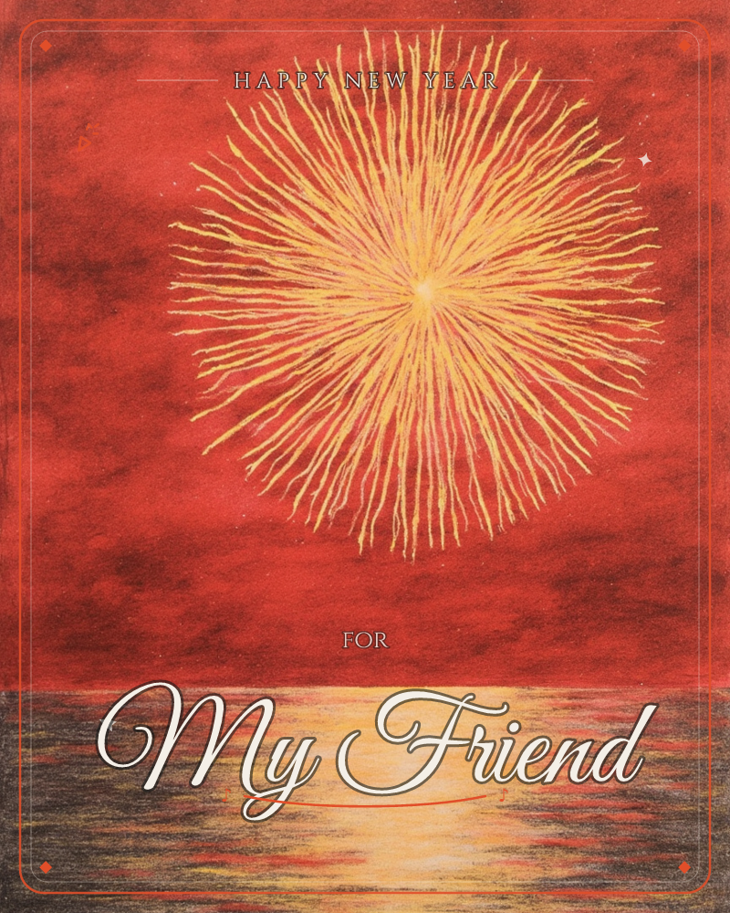 A radiant burst of golden light explodes across a deep red sky, its rays streaking outward like a giant firework frozen mid-blast, a new year e-card design