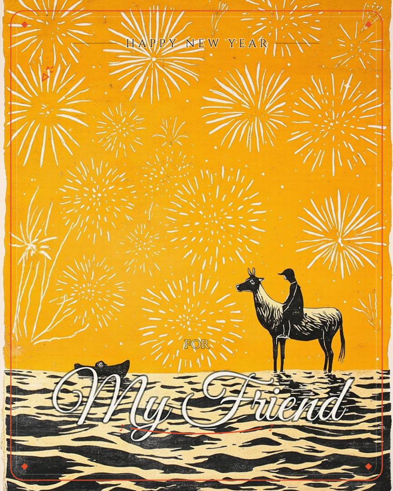 A bold linocut print shows a rider perched on a horse standing knee-deep in rippling water, watching bursts of white fireworks explode across a solid…, a new year e-card design