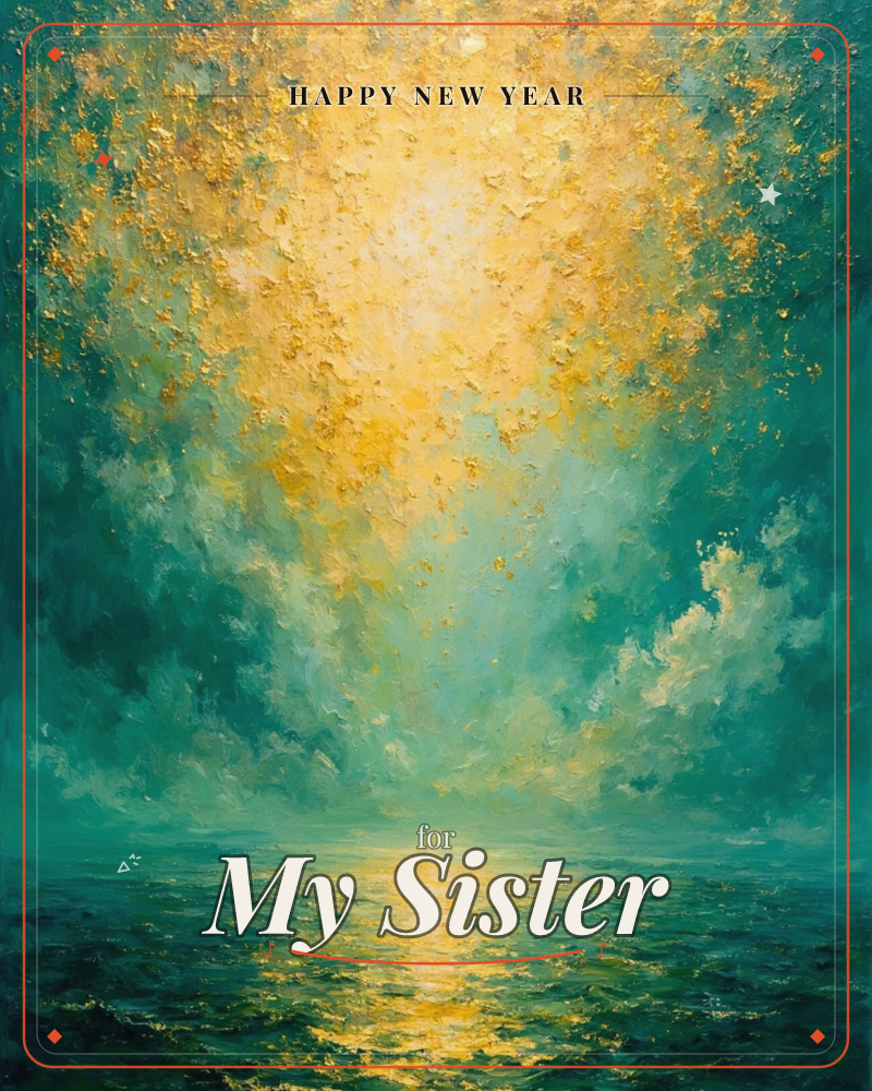 A radiant burst of golden light breaks through swirling teal clouds and pours down onto a shimmering sea below, a new year e-card design