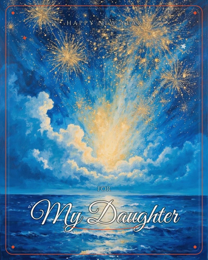 Gold fireworks burst across a deep blue night sky above an open sea, their light catching a bank of pale clouds and spilling down into a long…, a new year e-card design
