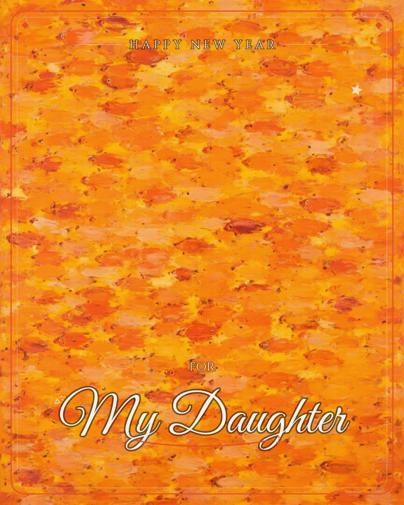 An abstract field of blended orange and yellow brushstrokes covers the whole card, with small daubs of red and pink scattered like sparks across the…, a new year e-card design